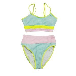 Pastel Colorblock Womens Swimsuit Textured Bikini Set Adjustable Straps Size XS